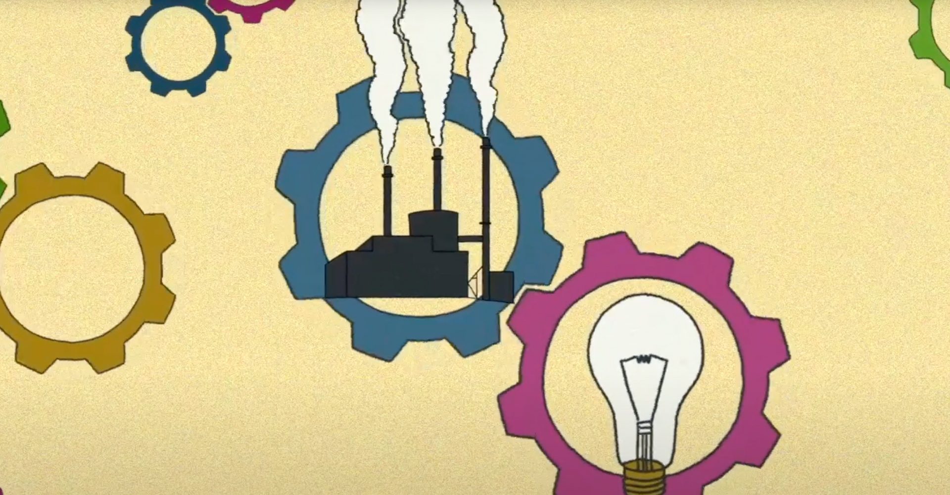 illustrated power station and light bulb in cogs